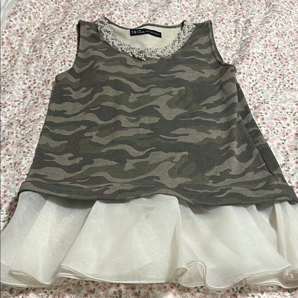 Sleeveless Camo Tunic with Pearl Neckline and Sheer Hem